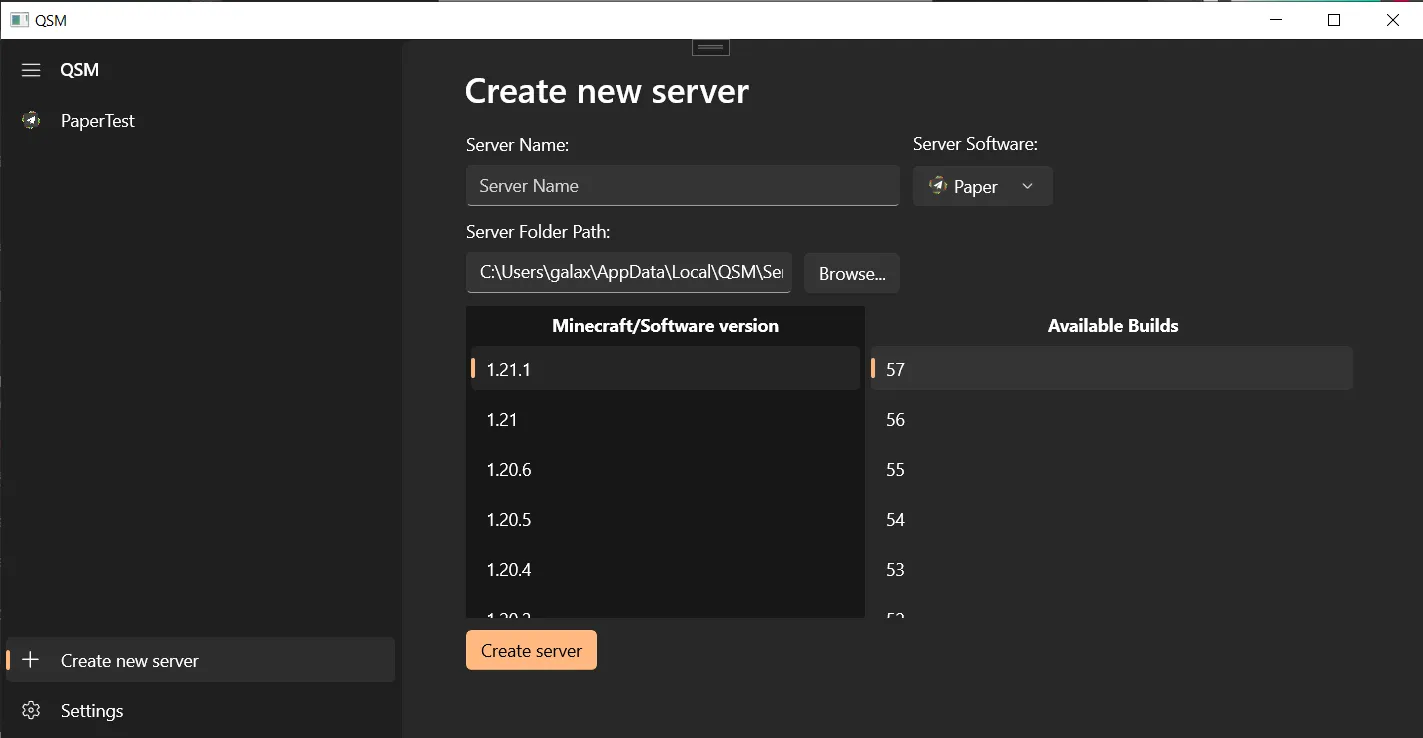 Create new server tab